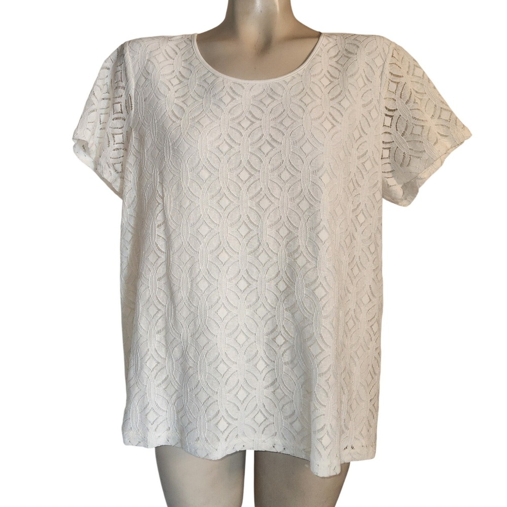 Market & Spruce NEW White Geometric Lace Front Zip Back Top XL Beach coastal